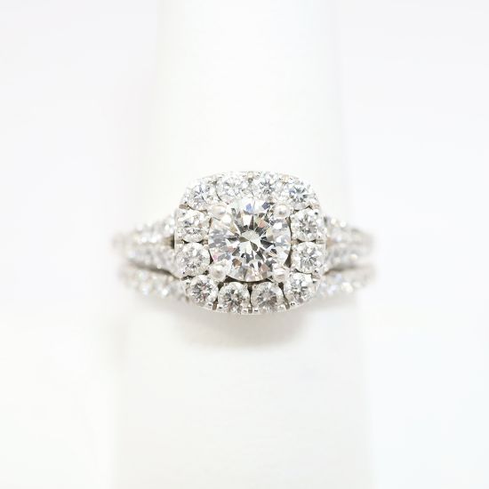 Picture of 14k White Gold, Round Brilliant Cut & Diamond Cluster Accented Two-Piece Bridal Ring Set