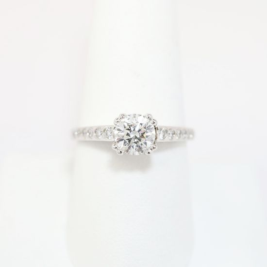 Picture of 14k White Gold, Round Brilliant Cut Solitaire & Diamond Cluster Accented Engagement Ring