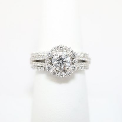 Picture of 14k White Gold, Round Brilliant Cut & Diamond Cluster Accented Two-Piece Bridal Ring Set