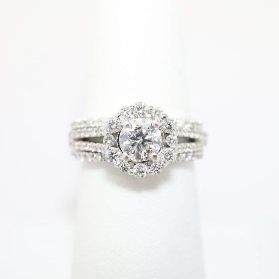 Picture of 14k White Gold, Round Brilliant Cut & Diamond Cluster Accented Two-Piece Bridal Ring Set