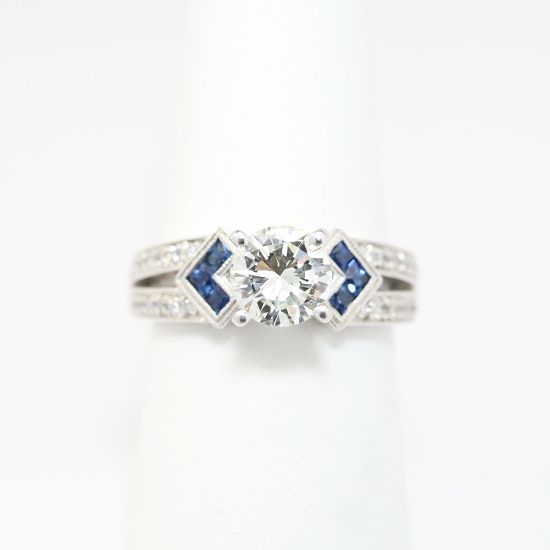 Picture of 14k White Gold & Round Brilliant Cut Engagement Ring with Sapphire & Diamond Cluster Accents