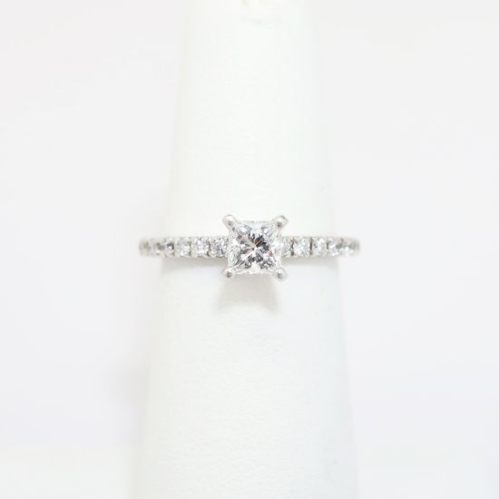 Picture of 14k White Gold, Square Modified Brilliant Cut & Diamond Cluster Accented Engagement Ring