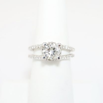 Picture of 14k White Gold, Round Brilliant Cut & Diamond Cluster Accented Split Shank Engagement Ring