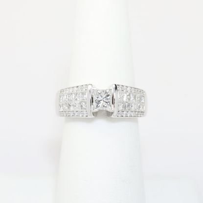 Picture of 14k White Gold, Square Modified Brilliant Cut & Diamond Cluster Accented Engagement Ring