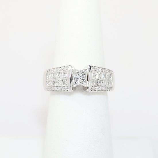 Picture of 14k White Gold, Square Modified Brilliant Cut & Diamond Cluster Accented Engagement Ring