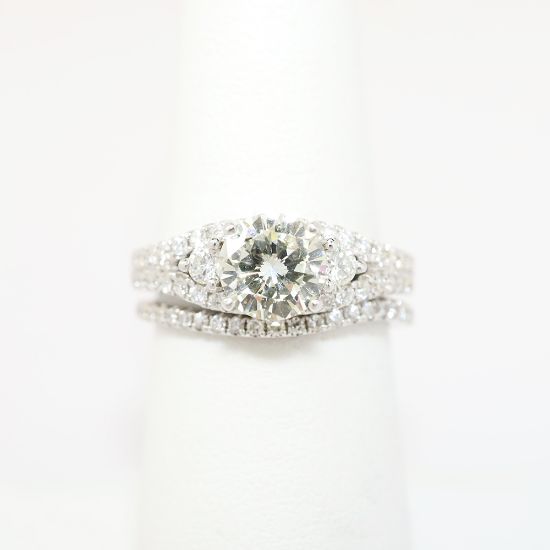 Picture of 14k White Gold, Round Brilliant Cut & Diamond Cluster Accented Two-Piece Bridal Ring Set