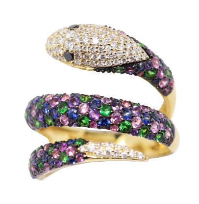 Picture of 18k Yellow Gold, Diamond, Green Garnet & Sapphire Snake Ring