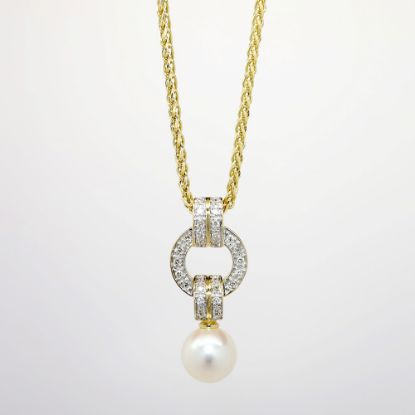 Picture of Cultured Pearl and 0.30ct Diamond Pendant Necklace, 14k Yellow Gold