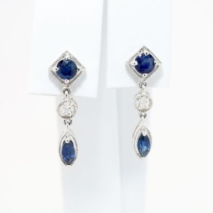 Picture of Round & Marquise Cut Sapphire & Diamond Drop Earrings in 14k White Gold