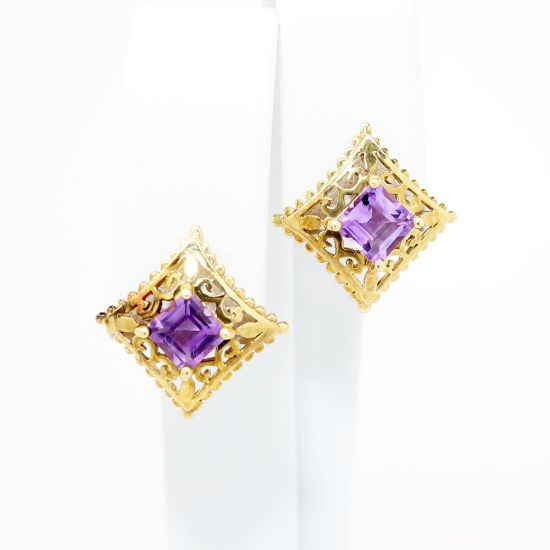 Picture of Amethyst Step Cut Post Earrings in 14k Yellow Gold