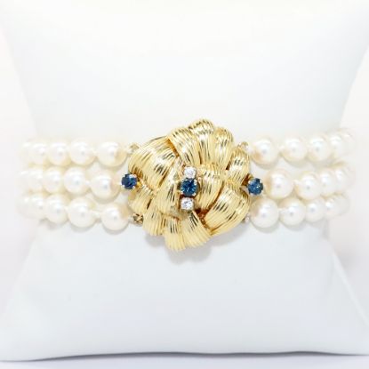 Picture of Triple-Strand Cultured Pearl Bracelet with Decorative 14k Gold, Diamond & Sapphire Clasp
