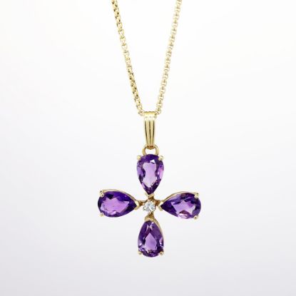 Picture of Amethyst and Diamond Flower Pendant Necklace in 14k Yellow Gold