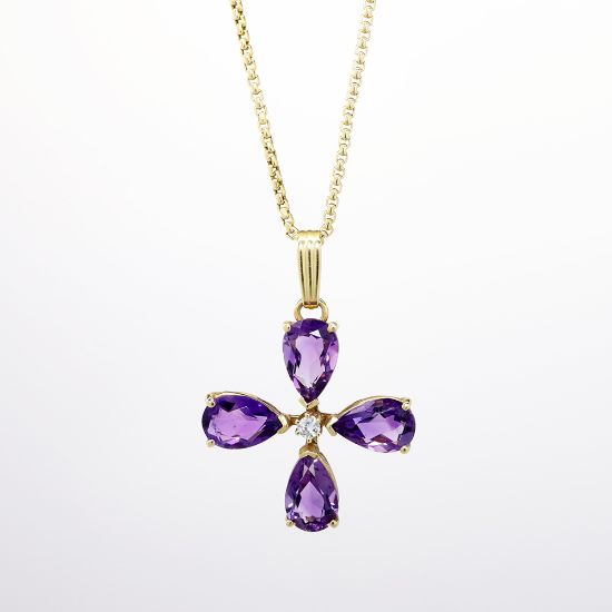 Picture of Amethyst and Diamond Flower Pendant Necklace in 14k Yellow Gold