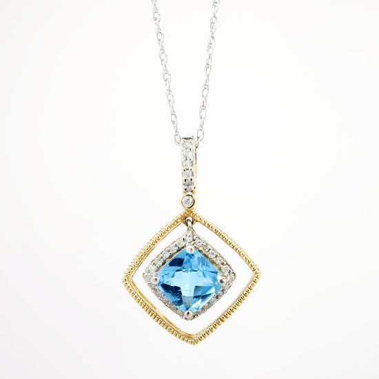 Picture of 14k Two-Tone Gold & 1.75ct Blue Topaz Pendant Necklace with Diamond Halo