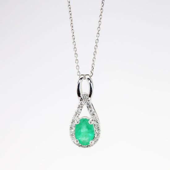 Picture of 14k White Gold & Emerald with Diamond Halo Pendant Necklace