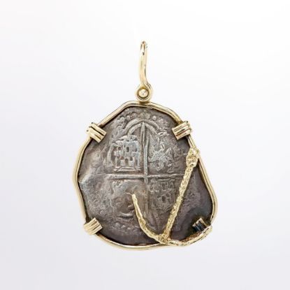 Picture of 8 Reale Pirate Treasure Coin Pendant Set in 14k Yellow Gold Bezel with Anchor