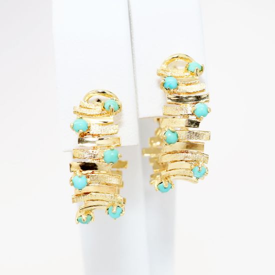 Picture of 18k Yellow Gold & Turquoise Cabochon Abstract Hoop Earrings