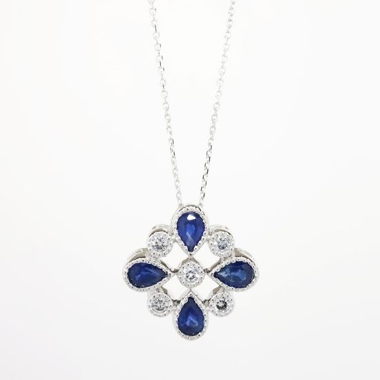 Picture of 14k White Gold & 1.00ct Sapphire Maltese Cross Pendant Necklace with Diamond Accents