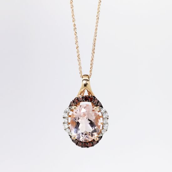 Picture of 14k Rose Gold & 2.00ct Oval Cut Morganite Pendant Necklace with Diamond and Garnet Halo