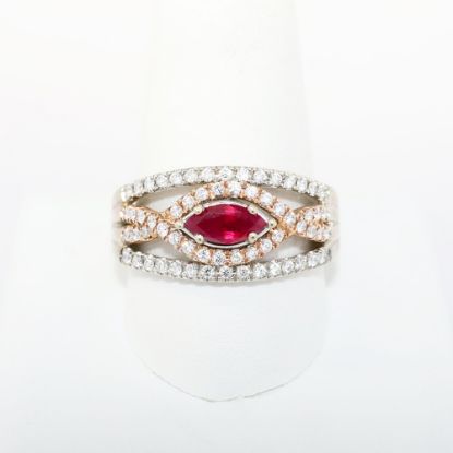 Picture of Men's Marquise Cut Ruby Ring with Diamond Halo in 14k White & Rose Gold