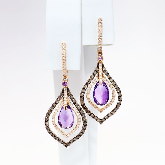 Picture of 14k Rose Gold, Amethyst and Diamond Drop Earrings