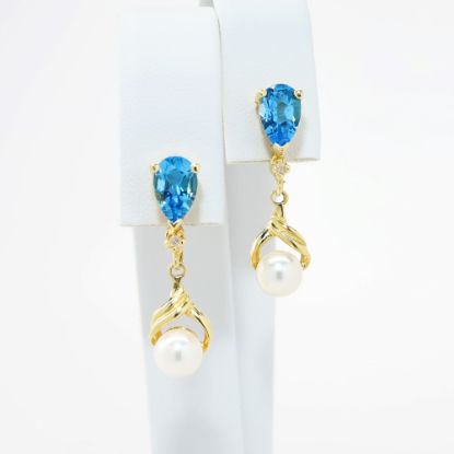 Picture of 14k Yellow Gold, Blue Topaz & Pearl Drop Earrings
