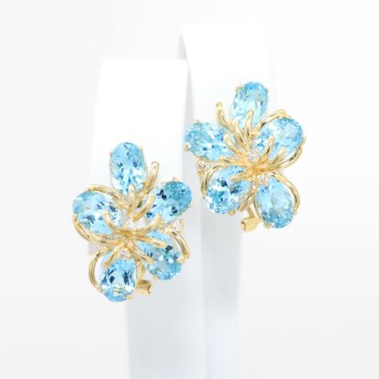 Picture of 14k Yellow Gold, Blue Topaz & Diamond Flower Cluster Earrings