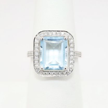 Picture of 14k White Gold & 4.32ct Emerald Cut Aquamarine Ring with Diamond Halo