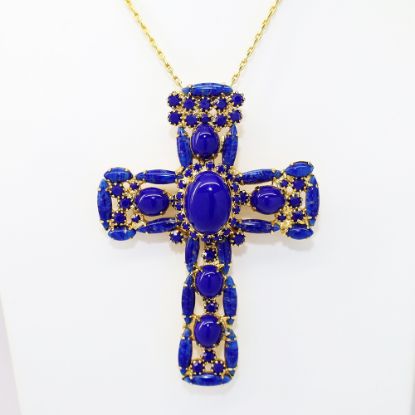 Picture of Vintage Alice Caviness Faux Lapis Cabochon Cross Pendant/Brooch Necklace