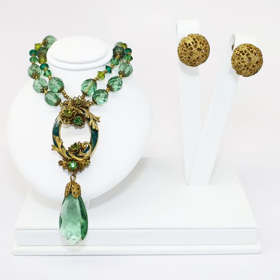 Picture of Signed Miriam Haskell Gilt Brass, Green Czech Glass, Enamel & Rhinestone Necklace & Earring Set