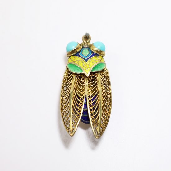 Picture of Vintage Gilt Chinese Export Silver, Cloisonné Enamel & Turquoise Cabochon Cicada Shaped Locket