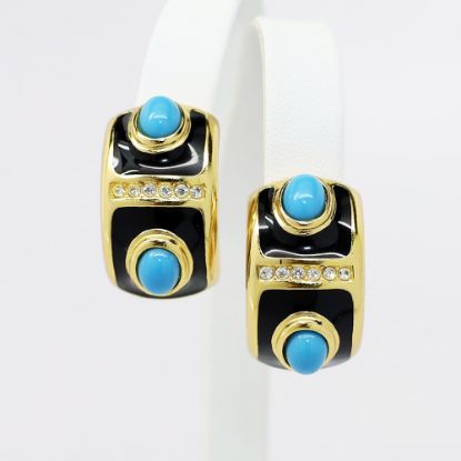 Picture of Vintage Signed Christian Dior Faux Turquoise Cabochon, Black Enamel & Rhinestone Earrings