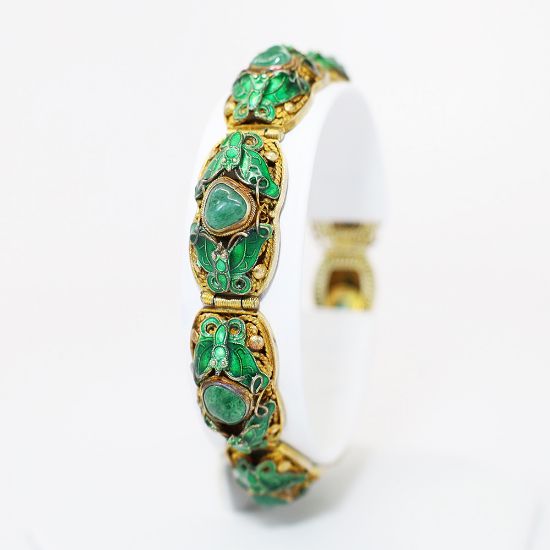 Picture of Vintage Gilt Chinese Export Silver Filigree, Cloisonné Enameled Butterflies & Jade Bracelet