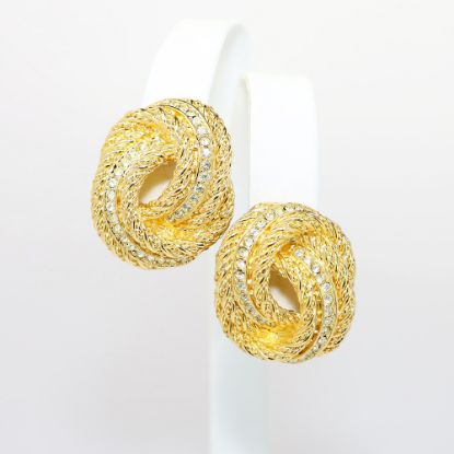 Picture of Vintage Signed Christian Dior Gold Plated & Clear Rhinestone Clip-On Knot Earrings