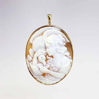 Picture of Vintage 14k Yellow Gold Carved Shell Cameo Pendant/Brooch with Woman Feeding Bird