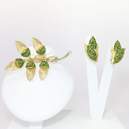 Picture of Vintage Weiss Gold Tone & Green Rhinestone Leaves Brooch & Earrings Set