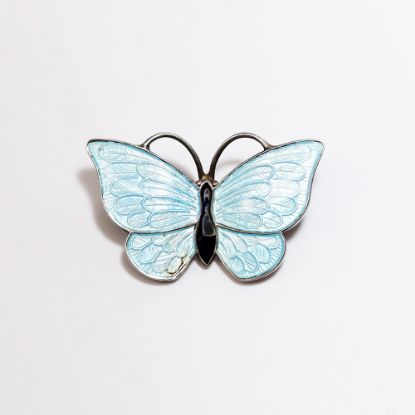 Picture of Vintage Volmer Bahner, Denmark Sterling Silver with Pale Blue & Black Guilloche Enameled Butterfly Brooch