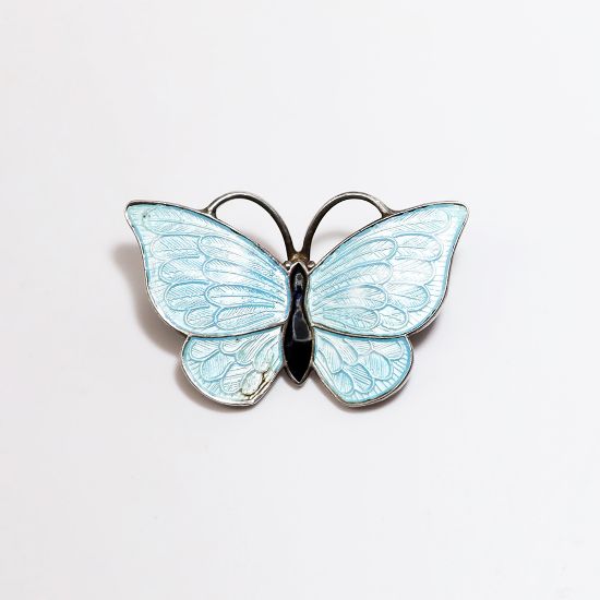 Picture of Vintage Volmer Bahner, Denmark Sterling Silver with Pale Blue & Black Guilloche Enameled Butterfly Brooch