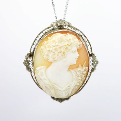 Picture of Art Deco Era 14k White Gold Filigree & Carved Shell Cameo Pendant/Brooch