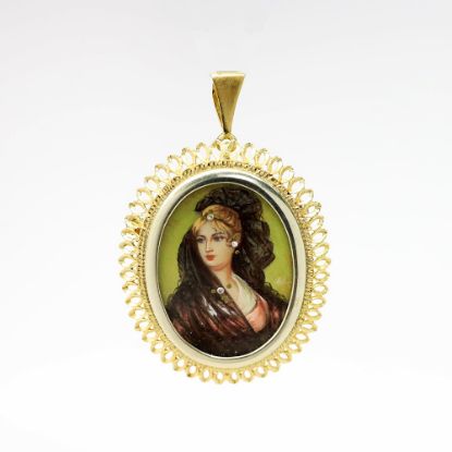 Picture of Vintage Mid Century Italian 18k Gold, Hand Painted Portrait & Diamond Brooch/Pendant