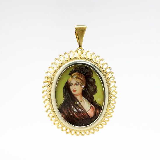 Picture of Vintage Mid Century Italian 18k Gold, Hand Painted Portrait & Diamond Brooch/Pendant