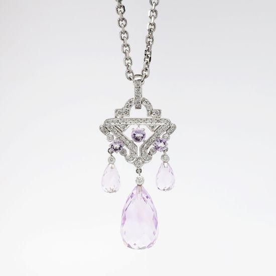 Picture of 18k White Gold, Kunzite & Diamond Briolette Drop Pendant