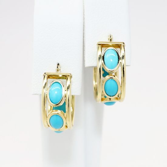 Picture of 14k Yellow Gold & Turquoise Cabochon Hoop Earrings