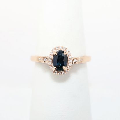 Picture of 14k Rose Gold, Oval Cut Sapphire and Diamond Halo Ring