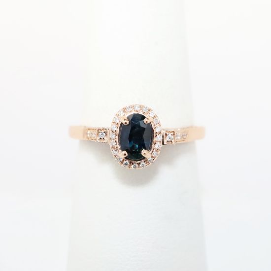 Picture of 14k Rose Gold, Oval Cut Sapphire and Diamond Halo Ring