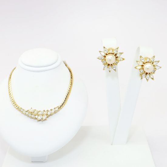 Picture of Vintage Signed Christian Dior Delicate Clear Rhinestone & Faux Pearl Necklace & Earring Set