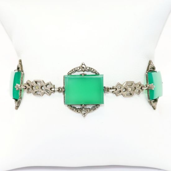 Picture of Vintage Art Deco Era Sterling Silver, Hematite & Chrysoprase Bracelet 