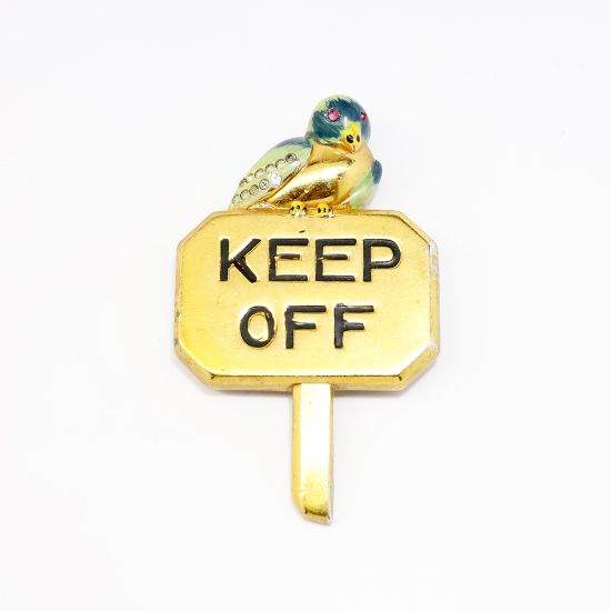 Picture of Vintage 1930's Coro Enamel & Rhinestone Blue Bird on Keep Off Sign Brooch