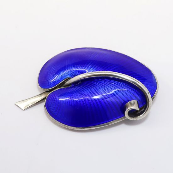 Picture of Vintage Mid Century Volmar Bahner (Denmark) Sterling Silver & Cobalt Guilloche Enamel Leaf Brooch