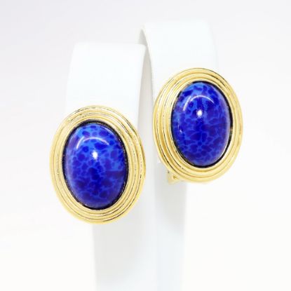 Picture of Vintage Signed Christian Dior Gold Tone & Faux Lapis Cabochon Clip-On Earrings